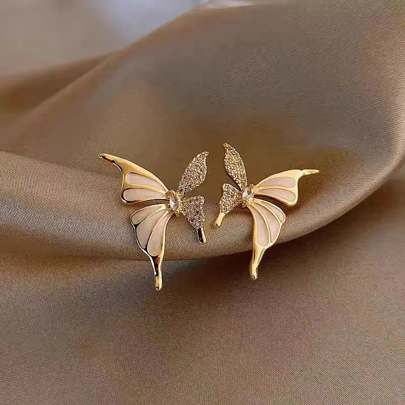 Cute White Enamel And Crystal Wings Golden Butterfly Earrings-Rees Jewels-Gold-ReesJewels