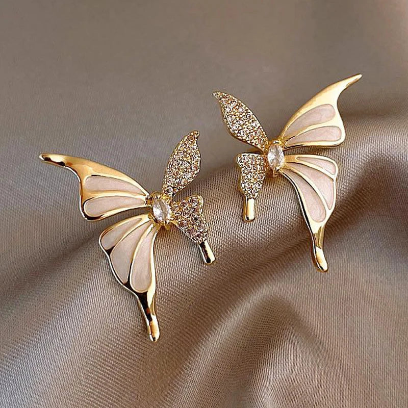 Cute White Enamel And Crystal Wings Golden Butterfly Earrings