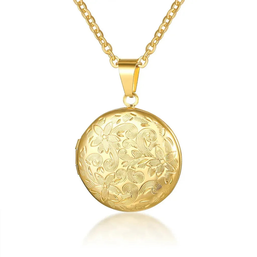 Delicate Photo Frame Promise Love Pendant Necklaces-ReesJewels-Floral Gold Round-ReesJewels