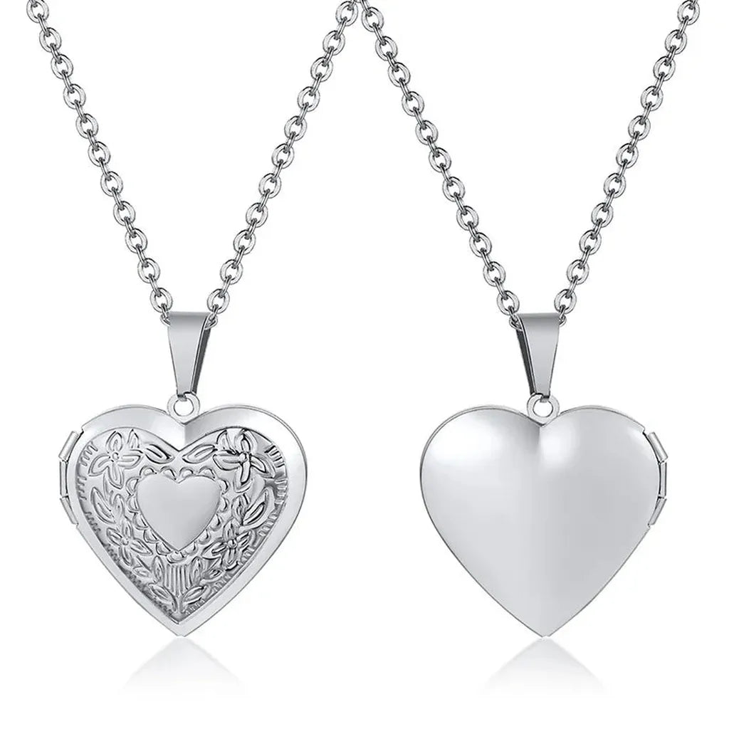 Delicate Photo Frame Promise Love Pendant Necklaces-ReesJewels-Floral Silver Heart-ReesJewels