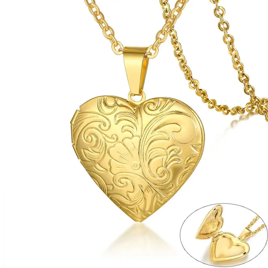 Delicate Photo Frame Promise Love Pendant Necklaces-ReesJewels-Foliage Gold Heart-ReesJewels