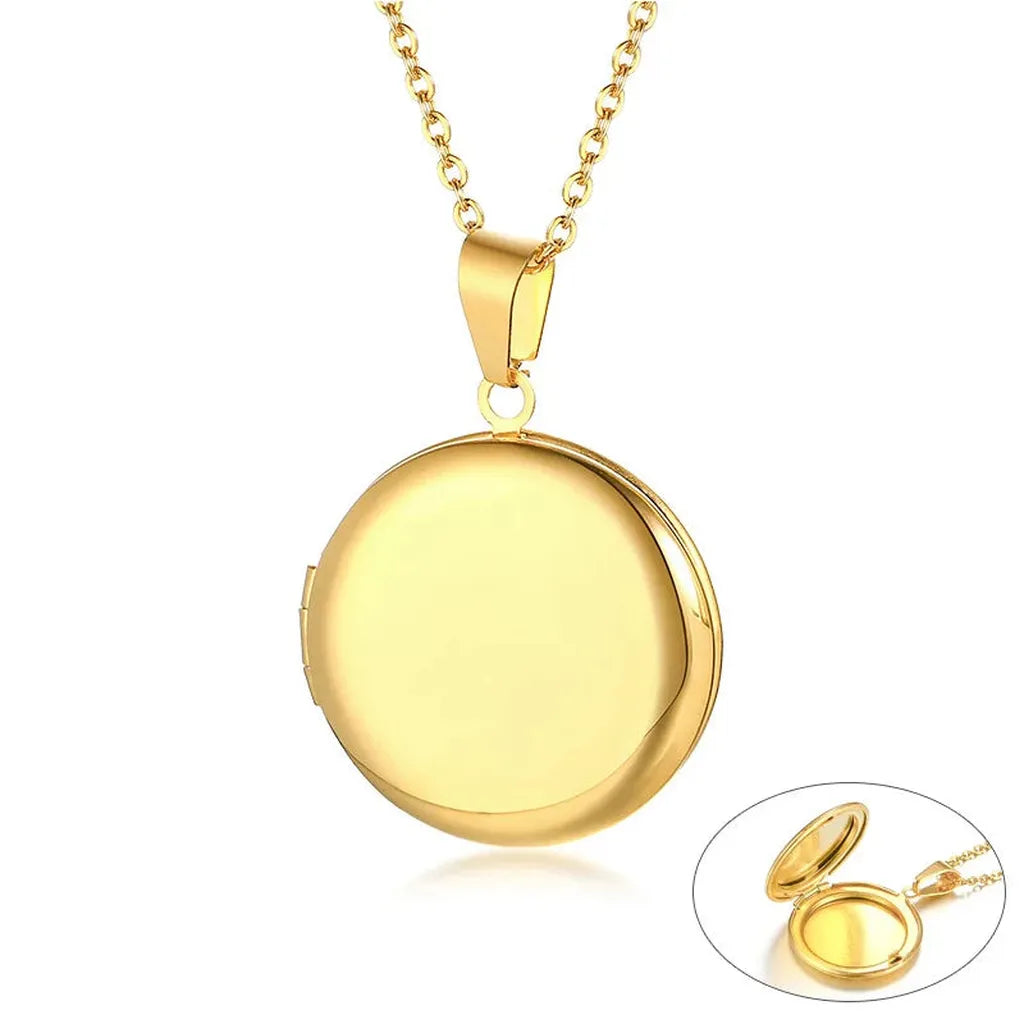 Delicate Photo Frame Promise Love Pendant Necklaces-ReesJewels-Plain Gold Round-ReesJewels
