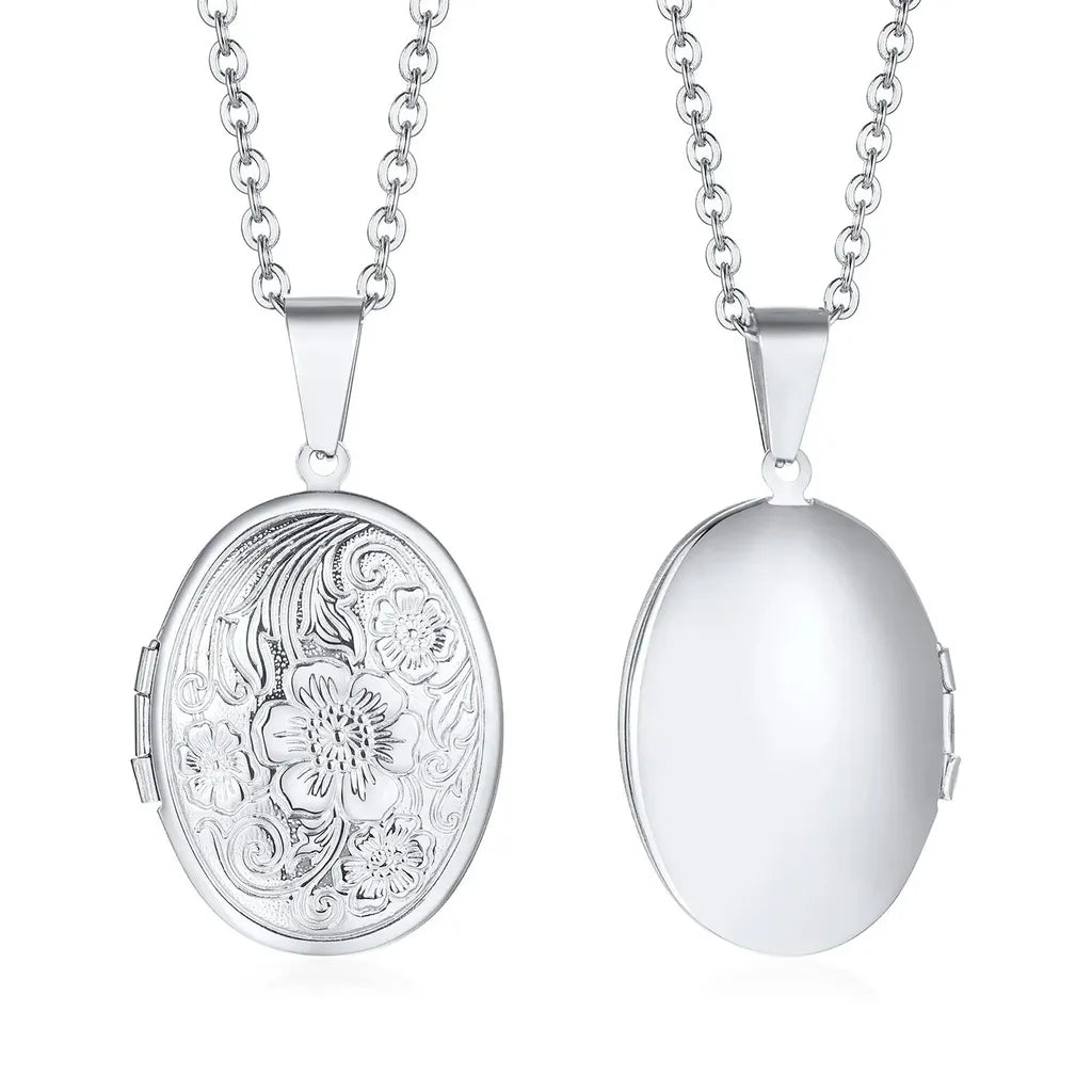 Delicate Photo Frame Promise Love Pendant Necklaces-ReesJewels-Vintage Silver Oval-ReesJewels
