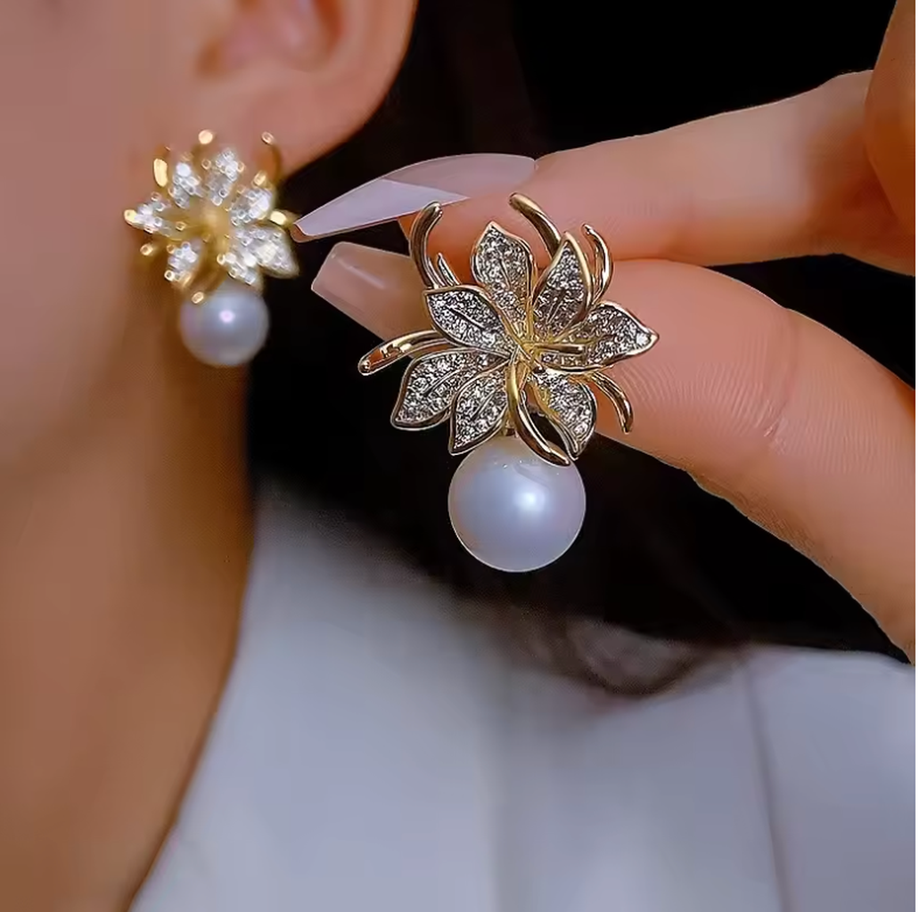 Delicate Zirconia Floral Imitation Pearl Earrings-ReesJewels-ReesJewels