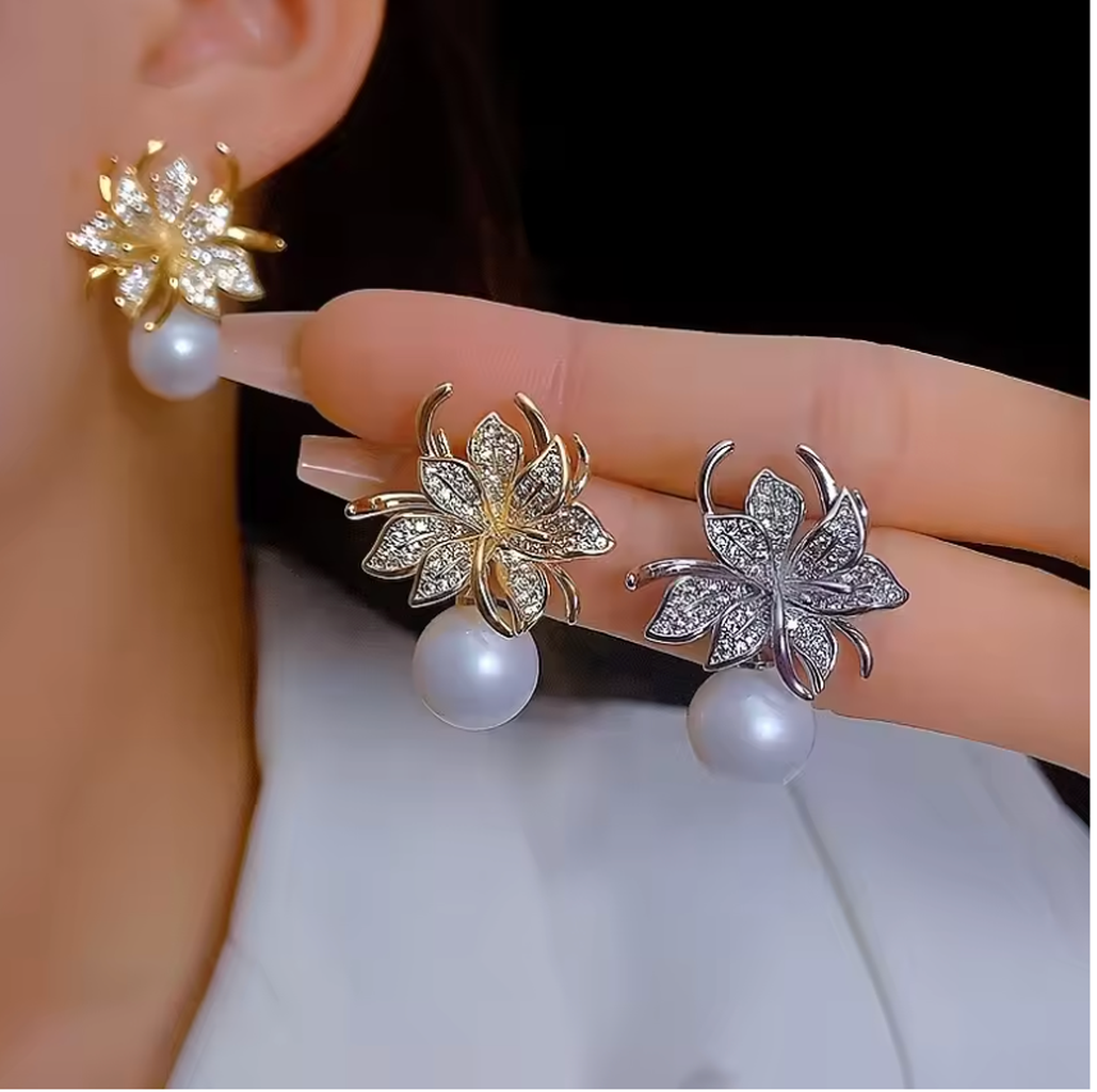 Delicate Zirconia Floral Imitation Pearl Earrings-ReesJewels-ReesJewels