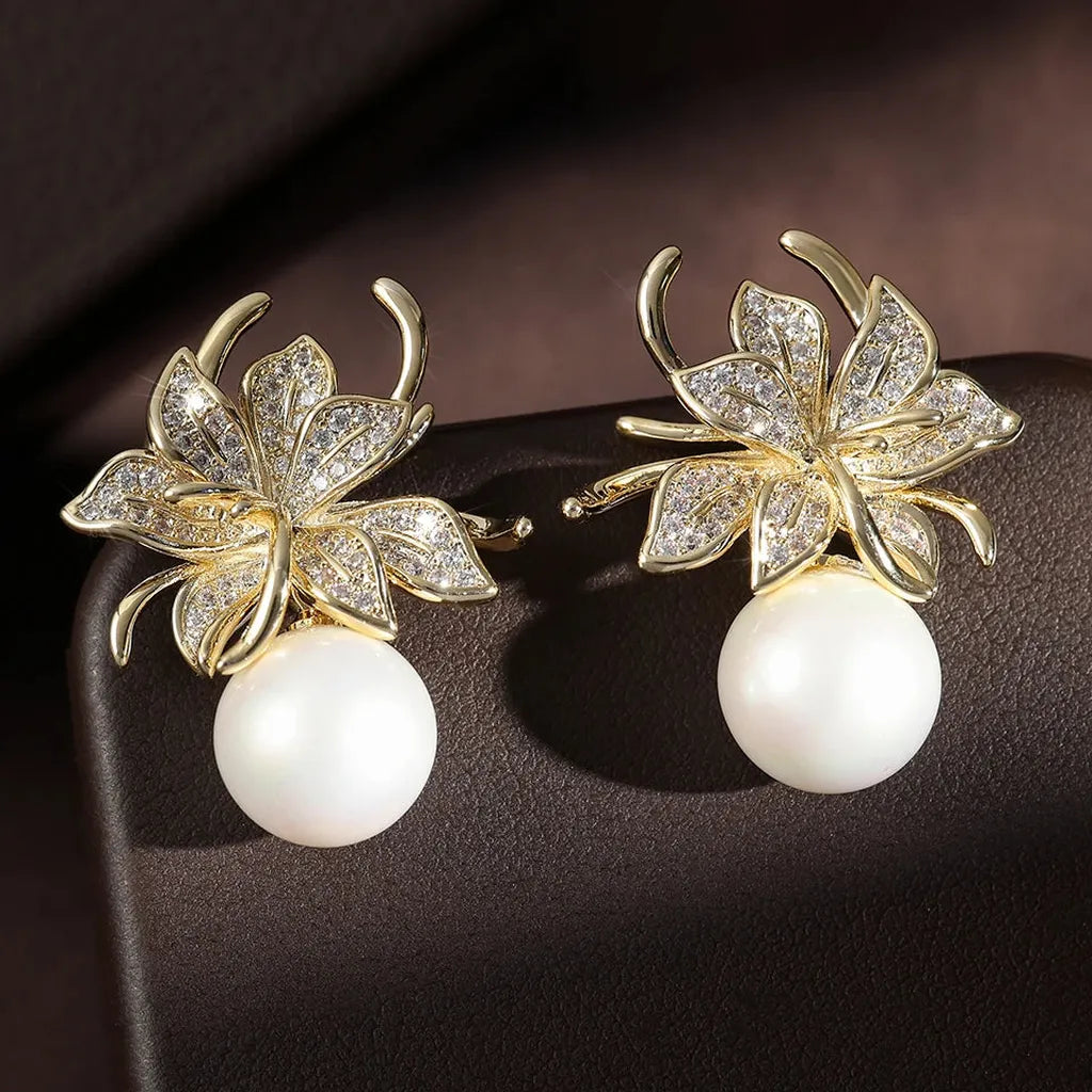 Delicate Zirconia Floral Imitation Pearl Earrings