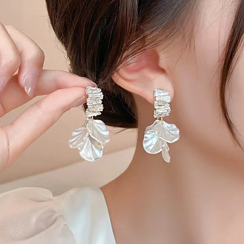 Elegant Floral Petal Drop White Earrings-Rees Jewels-ReesJewels