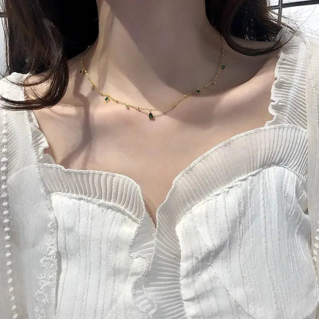 Elegant Green Zirconia Drop Charm Necklace