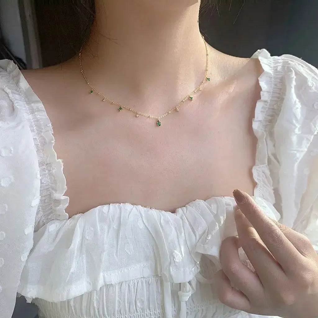 Elegant Green Zirconia Drop Charm Necklace