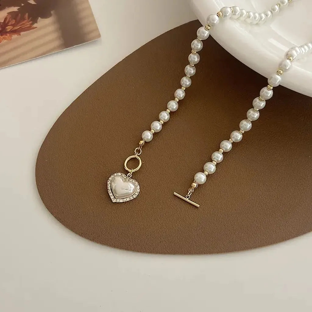 Elegant Heart Pendant Imitation Pearl Necklace-ReesJewels-ReesJewels