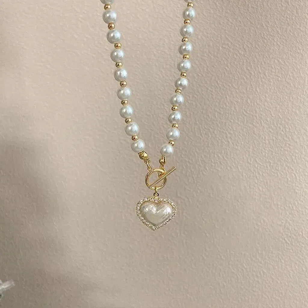 Elegant Heart Pendant Imitation Pearl Necklace-ReesJewels-ReesJewels