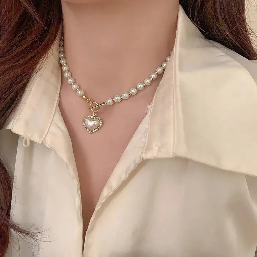 Elegant Heart Pendant Imitation Pearl Necklace-ReesJewels-ReesJewels
