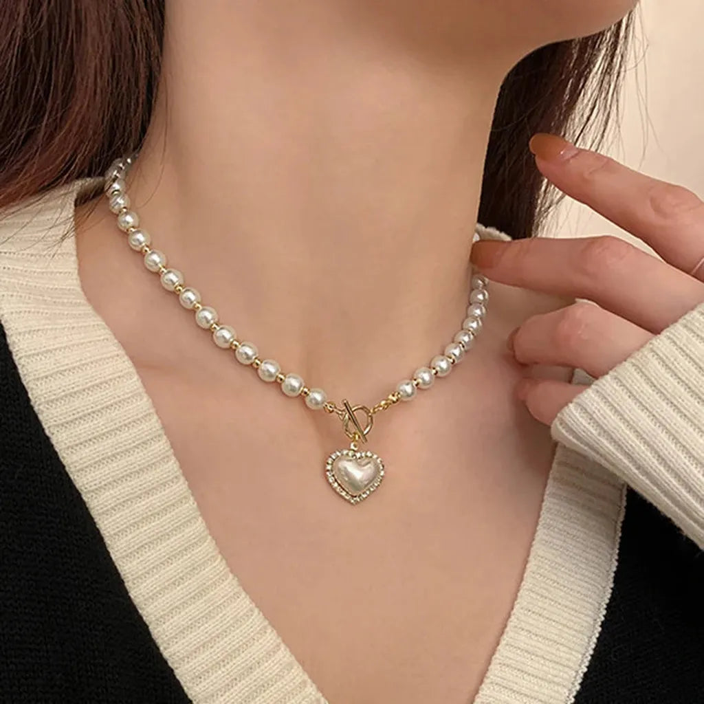 Elegant Heart Pendant Imitation Pearl Necklace-ReesJewels-ReesJewels