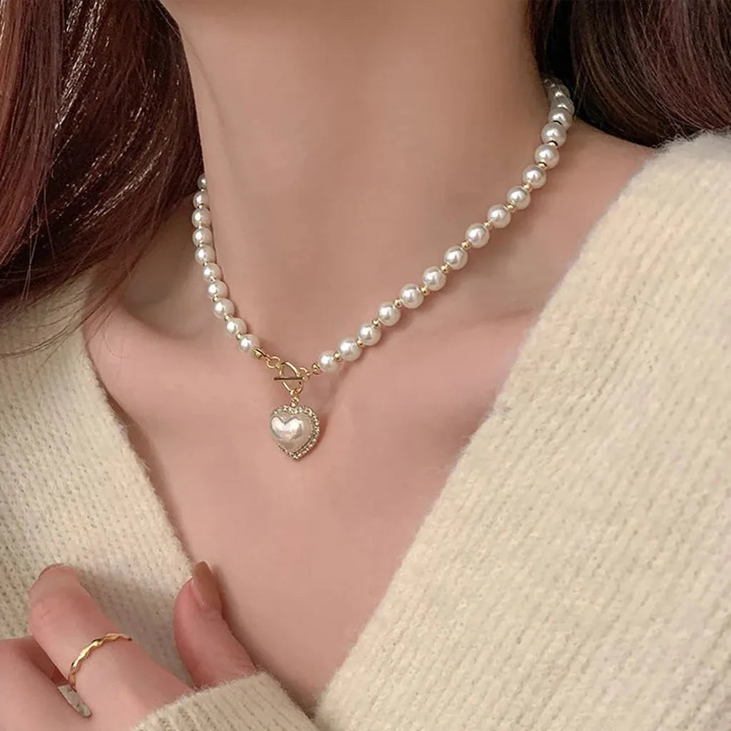Elegant Heart Pendant Imitation Pearl Necklace-ReesJewels-ReesJewels