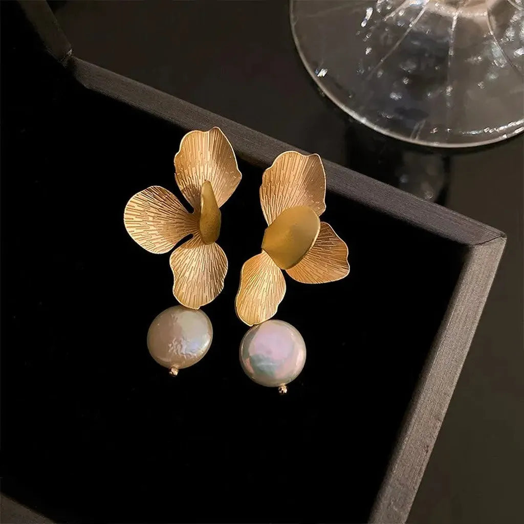 Elegant Imitation Pearl Flower Petal Dangle Earrings