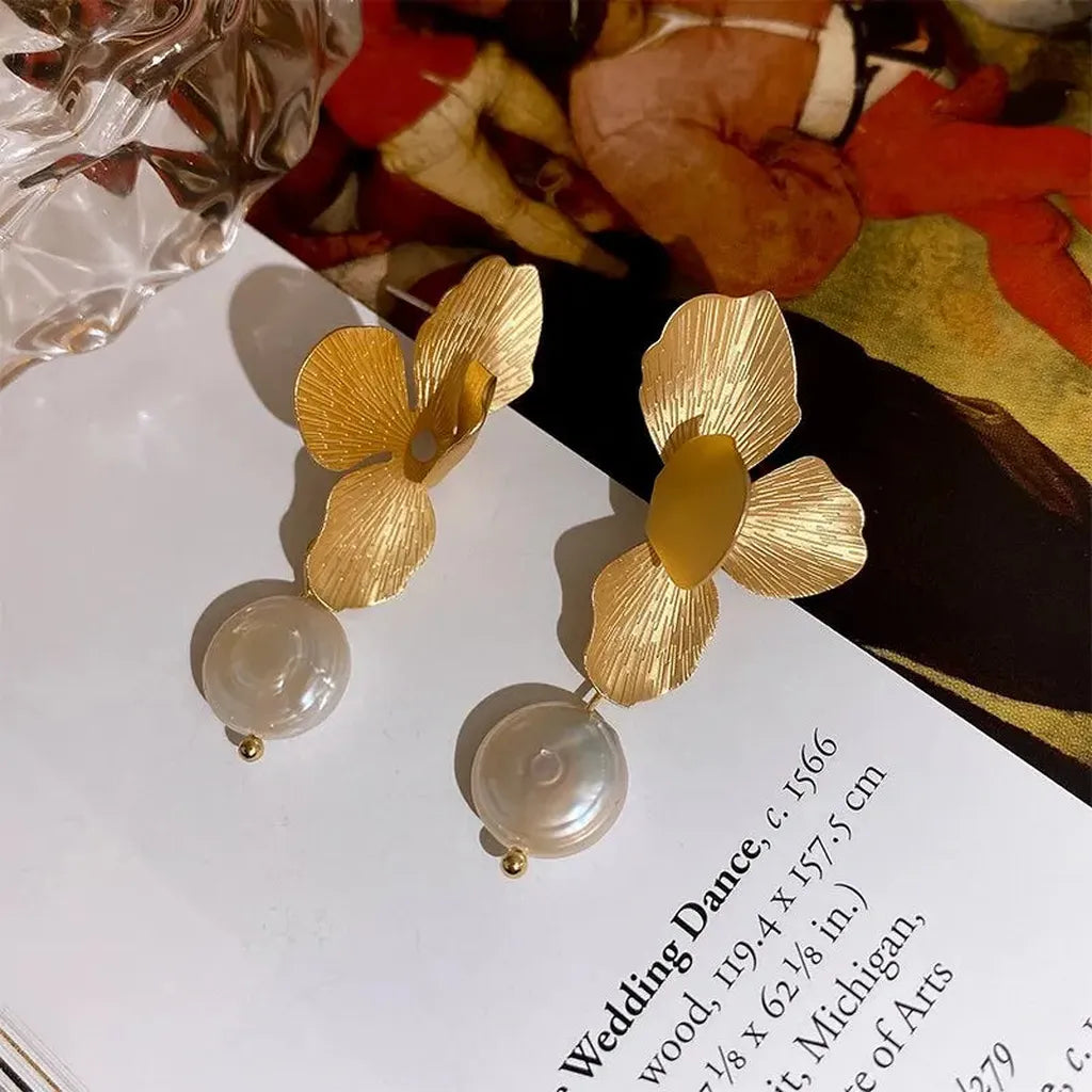 Elegant Imitation Pearl Flower Petal Dangle Earrings-ReesJewels-ReesJewels