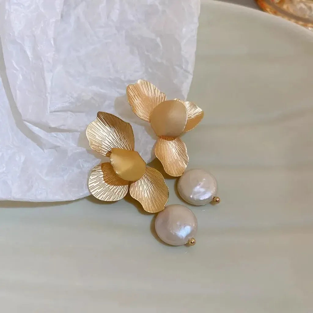 Elegant Imitation Pearl Flower Petal Dangle Earrings-ReesJewels-ReesJewels
