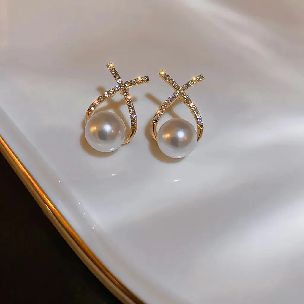 Elegant Imitation Pearl Zirconia Stud Earrings-ReesJewels-ReesJewels