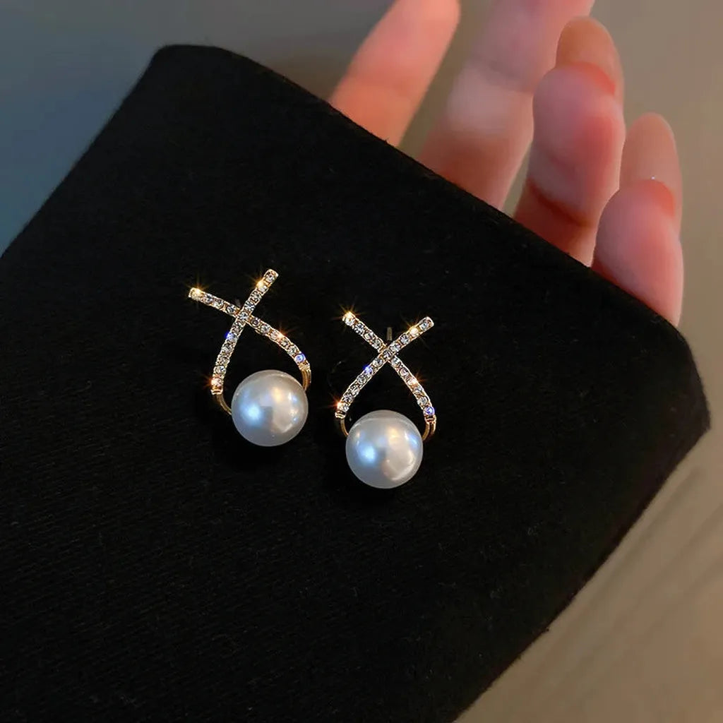 Elegant Imitation Pearl Zirconia Stud Earrings-ReesJewels-ReesJewels