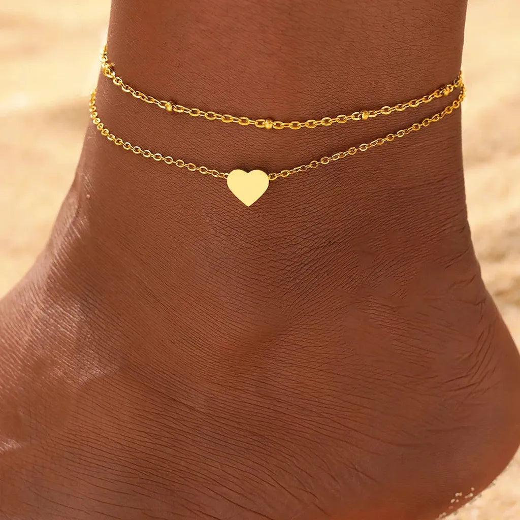 Elegant Layered Chain Delicate Anklet-ReesJewels-Gold Heart-ReesJewels