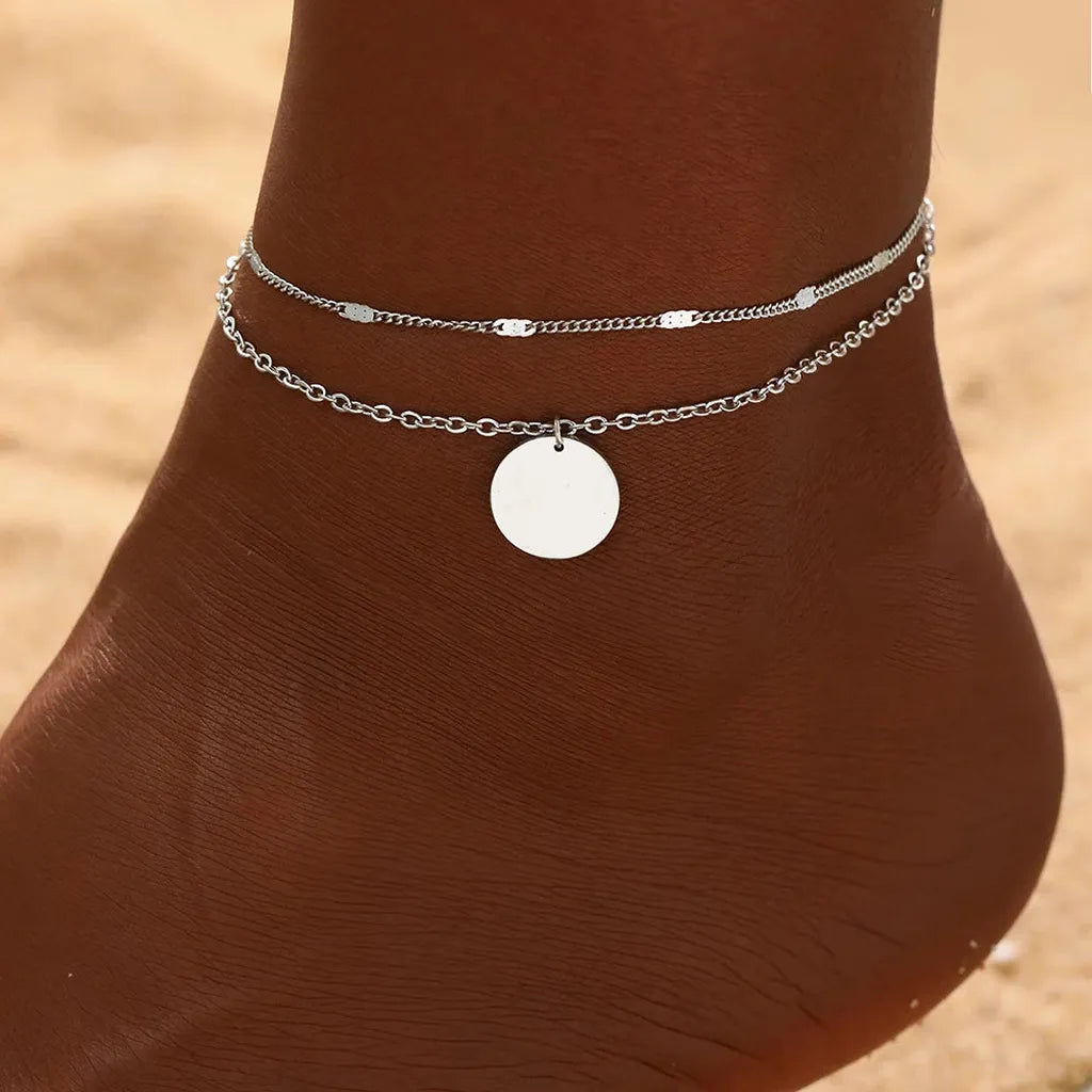 Elegant Layered Chain Delicate Anklet-ReesJewels-Silver Circle-ReesJewels