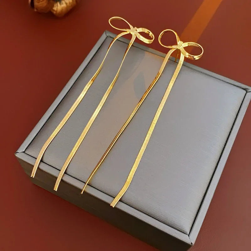 Elegant Long Tassel Bowknot Drop Earrings