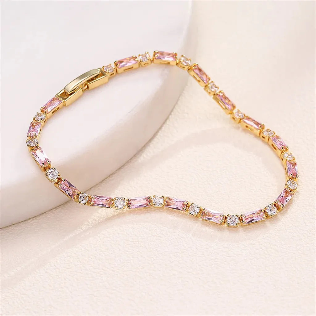 Elegant Pink Rectangle Cubic Zirconia Charm Tennis Bracelet
