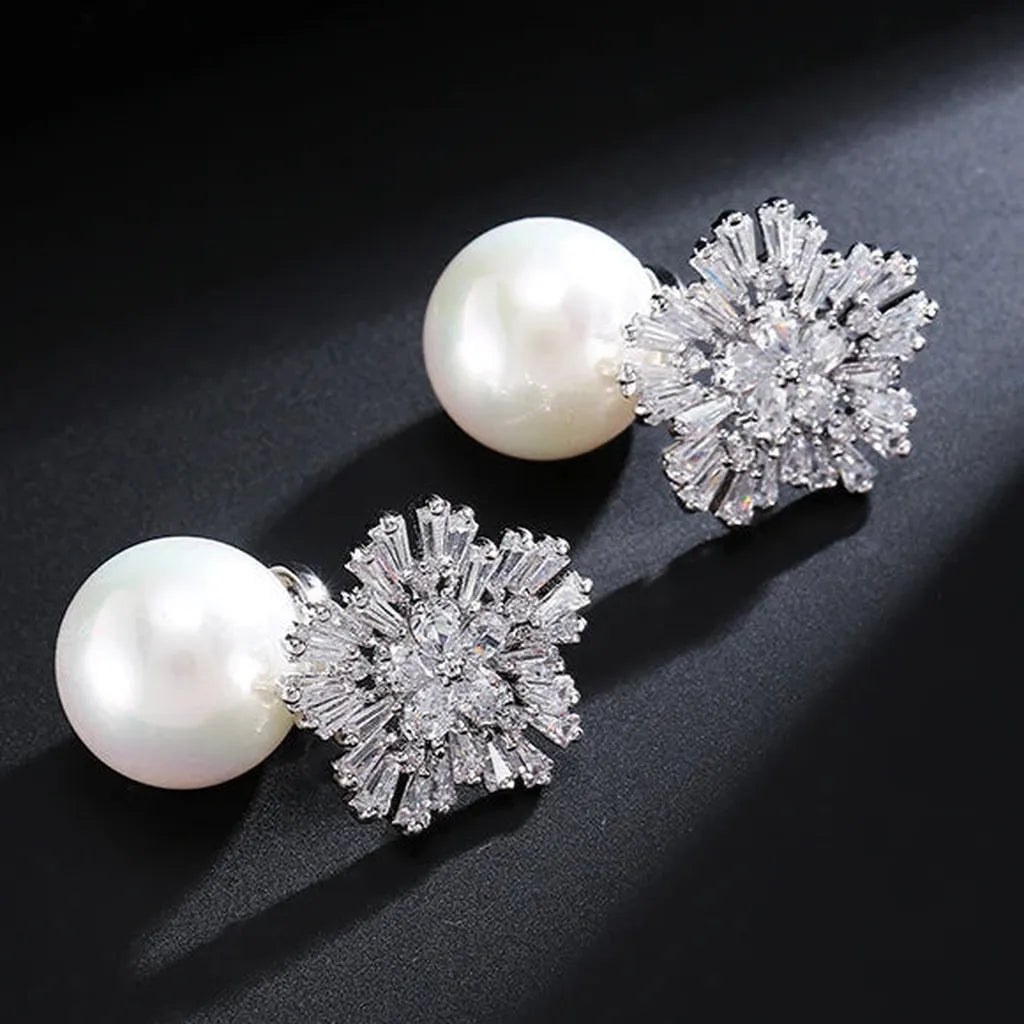 Elegant Zirconia Imitation Pearls Snowflake Earrings-ReesJewels-ReesJewels