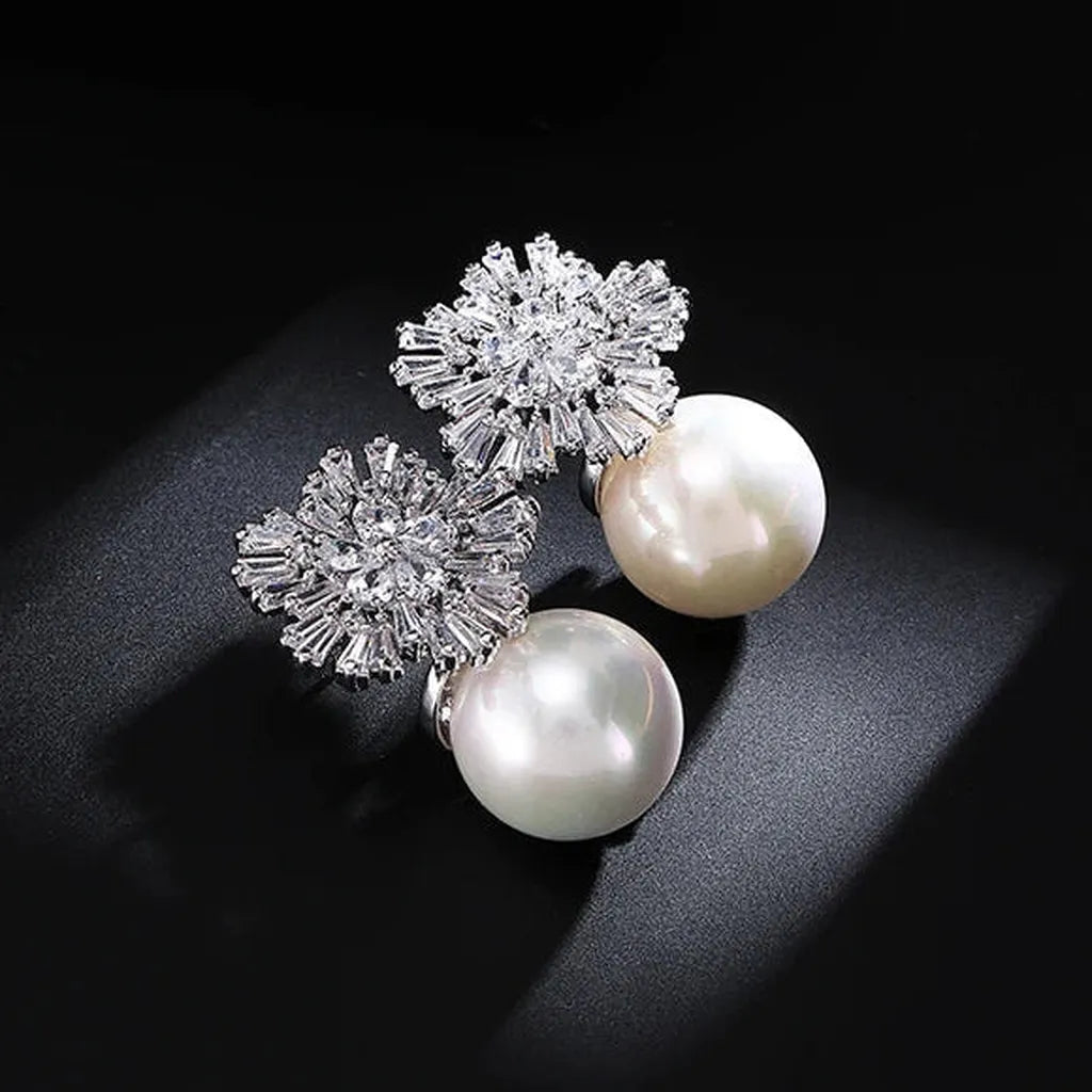 Elegant Zirconia Imitation Pearls Snowflake Earrings-ReesJewels-ReesJewels