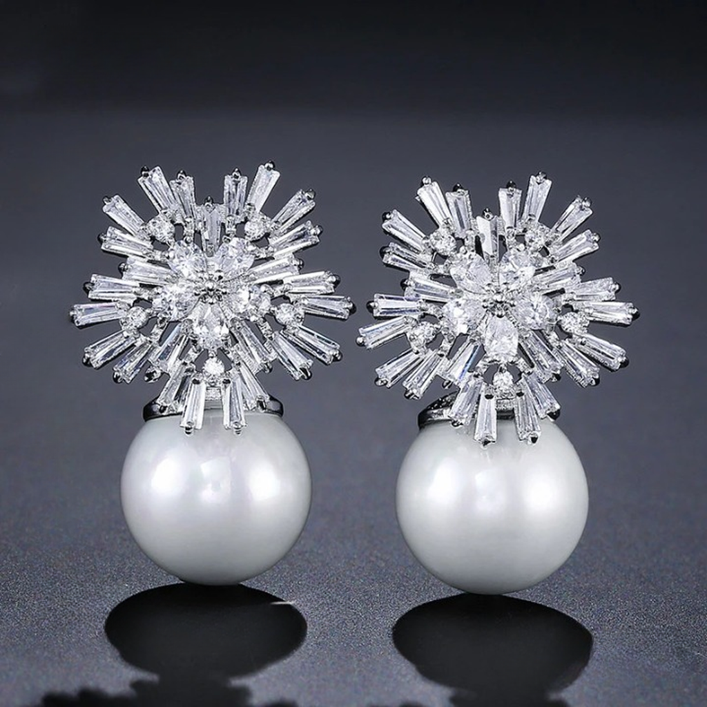 Elegant Zirconia Imitation Pearls Snowflake Earrings-ReesJewels-ReesJewels