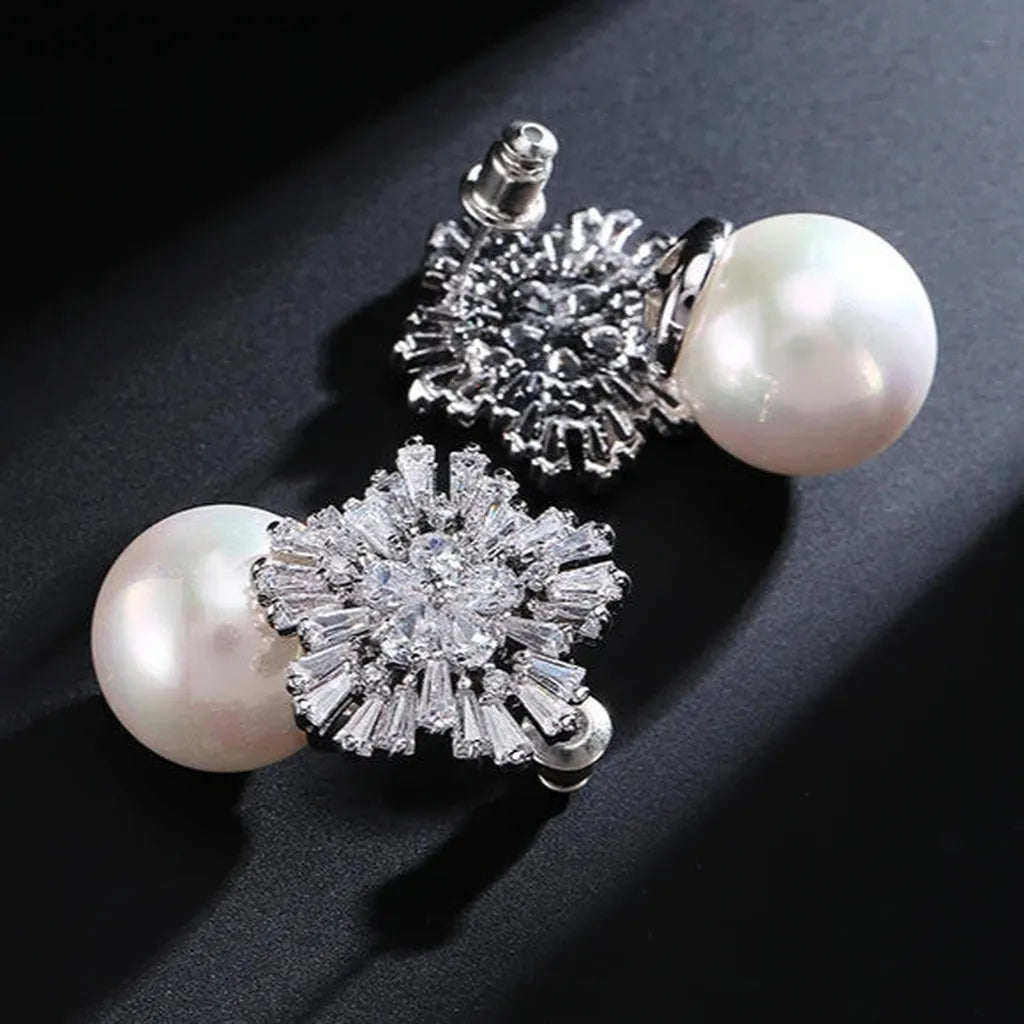 Elegant Zirconia Imitation Pearls Snowflake Earrings-ReesJewels-ReesJewels