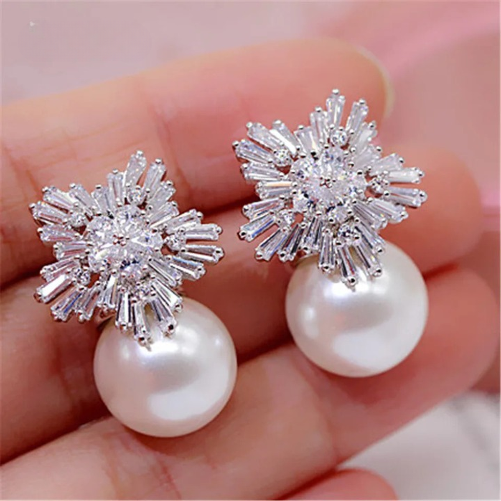 Elegant Zirconia Imitation Pearls Snowflake Earrings-ReesJewels-ReesJewels