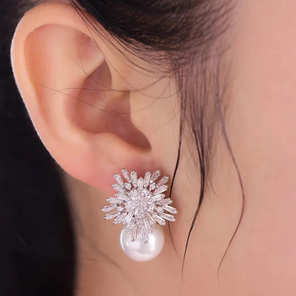Elegant Zirconia Imitation Pearls Snowflake Earrings-ReesJewels-ReesJewels