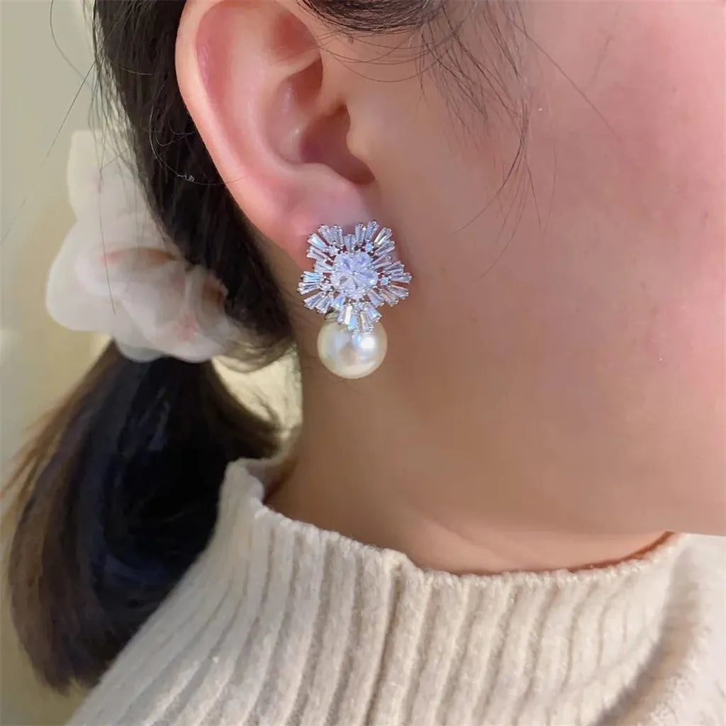 Elegant Zirconia Imitation Pearls Snowflake Earrings-ReesJewels-ReesJewels