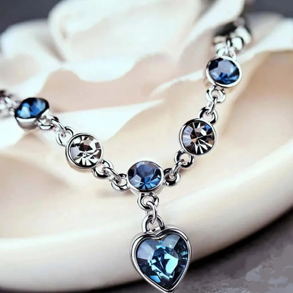 Exquisite Blue Crystal Heart Charm Bracelet