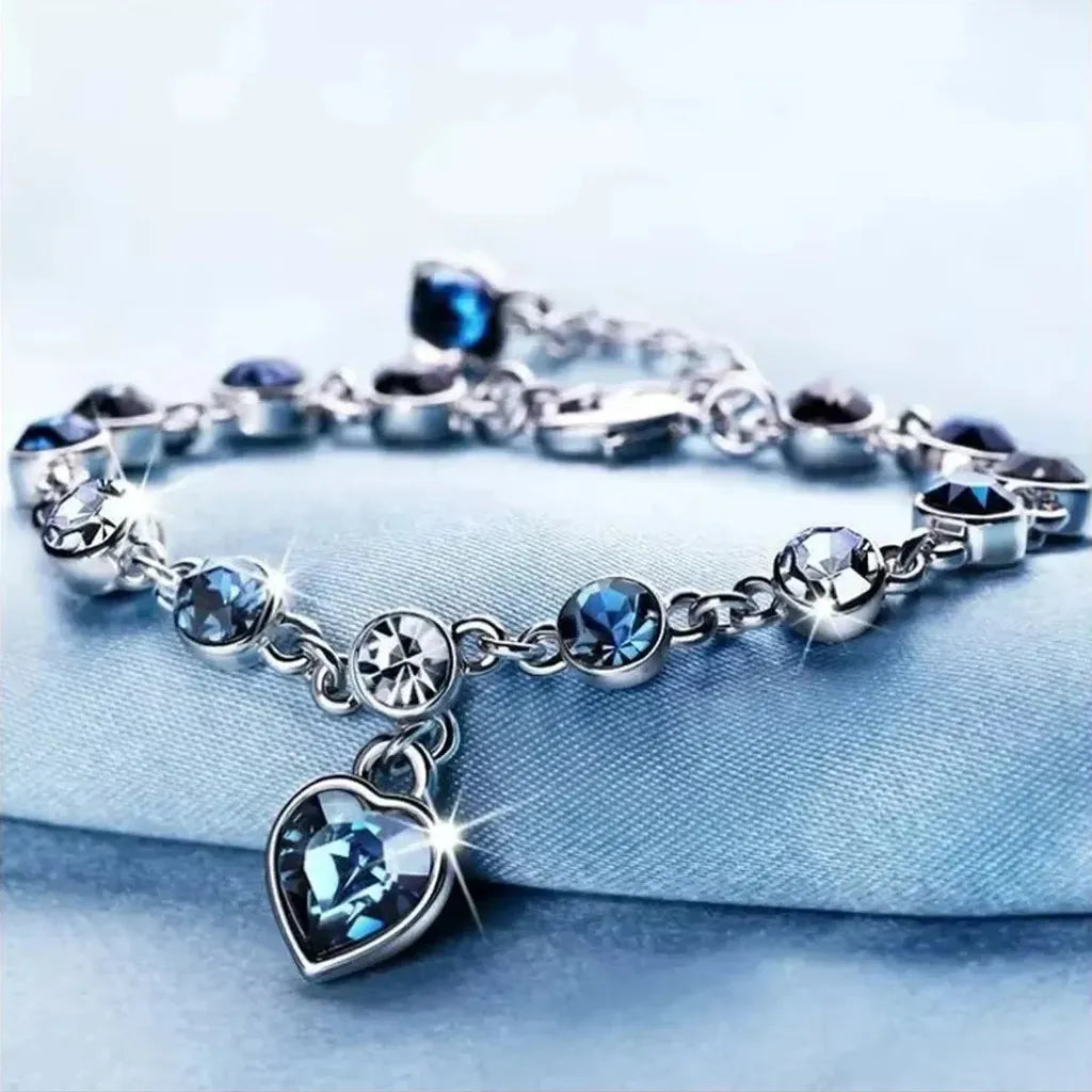 Exquisite Blue Crystal Heart Charm Bracelet