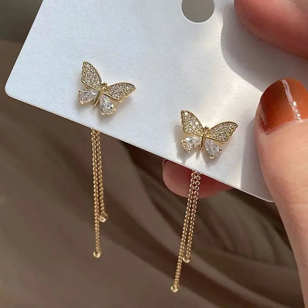 Exquisite Butterfly Tassel Rhinestone Earrings