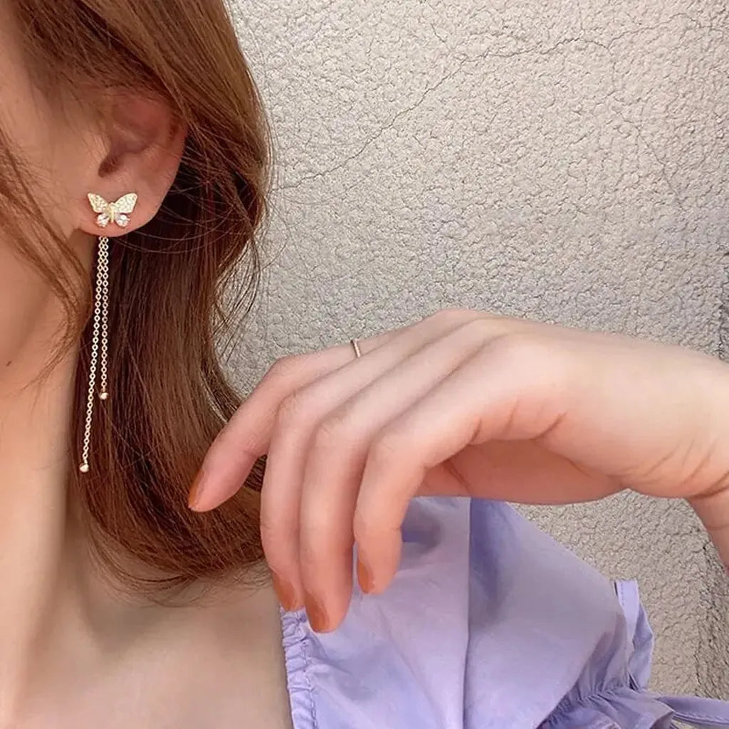 Exquisite Butterfly Tassel Rhinestone Earrings-ReesJewels-ReesJewels