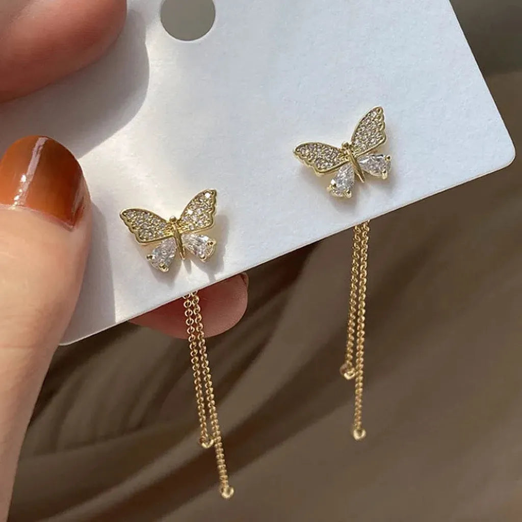 Exquisite Butterfly Tassel Rhinestone Earrings