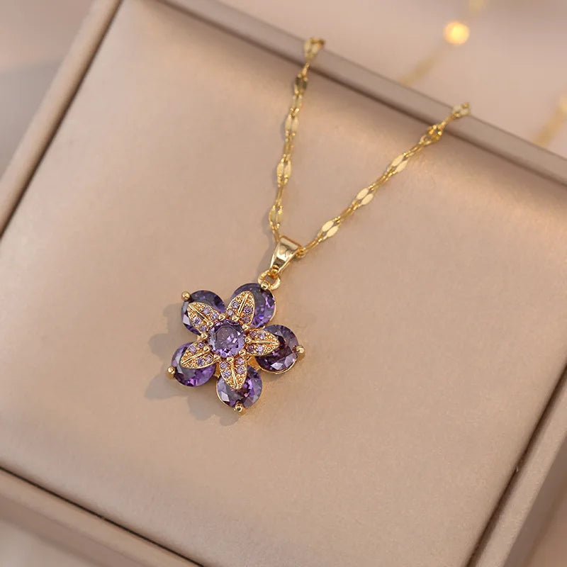 Gold Plated Romantic Flower Pendant Necklace-Rees Jewels-Purple-ReesJewels