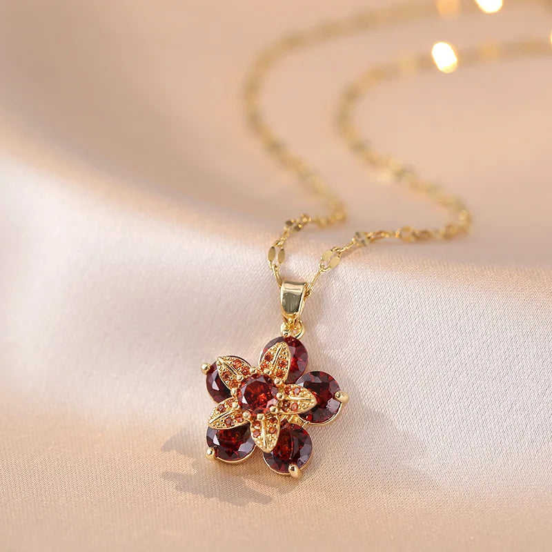 Gold Plated Romantic Flower Pendant Necklace-Rees Jewels-Red-ReesJewels