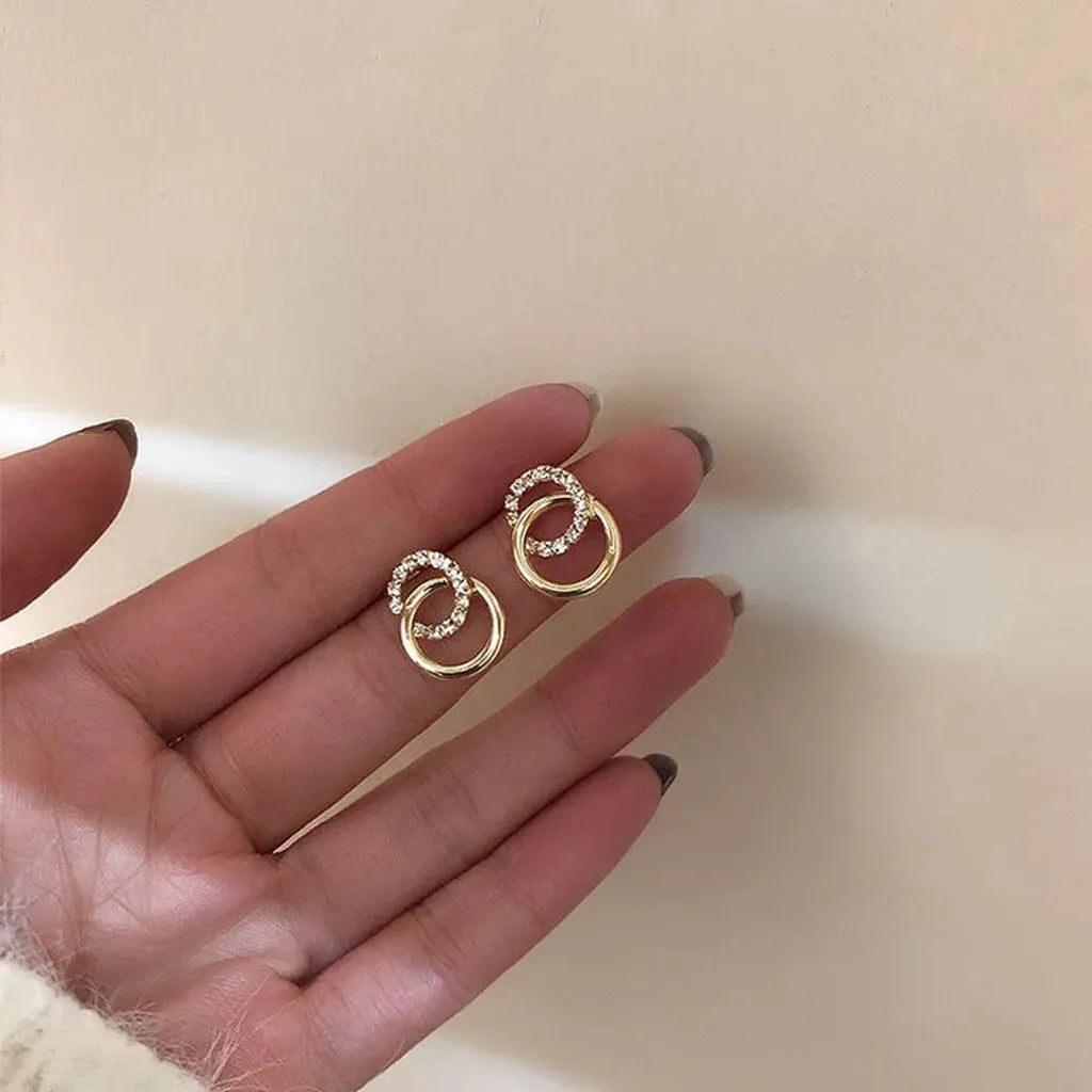 Golden Double Hoop Zirconia Stud Earrings