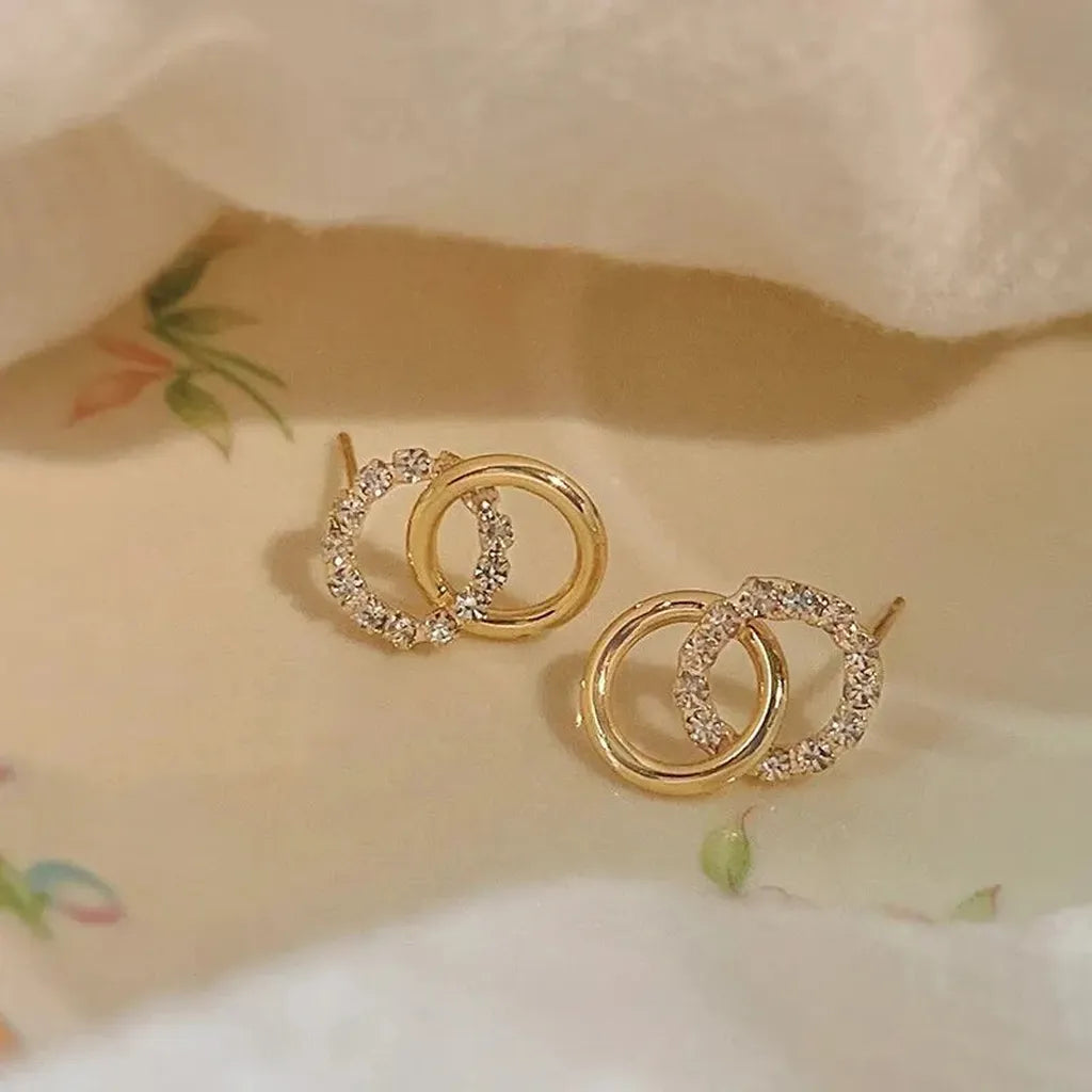 Golden Double Hoop Zirconia Stud Earrings-ReesJewels-ReesJewels