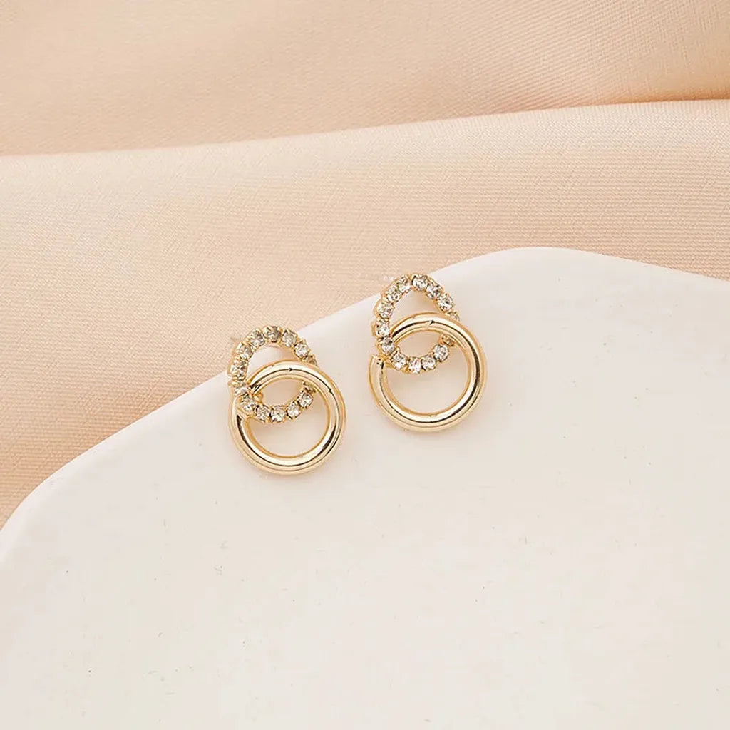 Golden Double Hoop Zirconia Stud Earrings-ReesJewels-ReesJewels