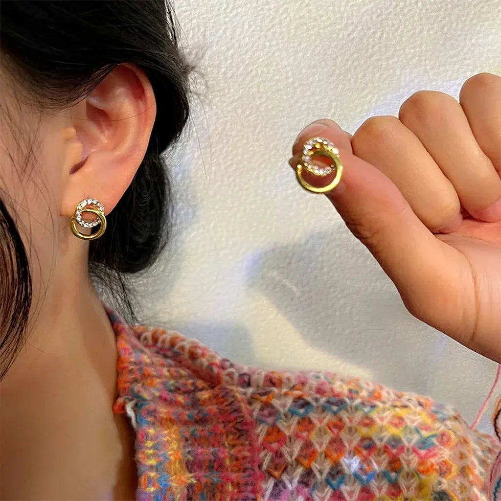 Golden Double Hoop Zirconia Stud Earrings-ReesJewels-ReesJewels