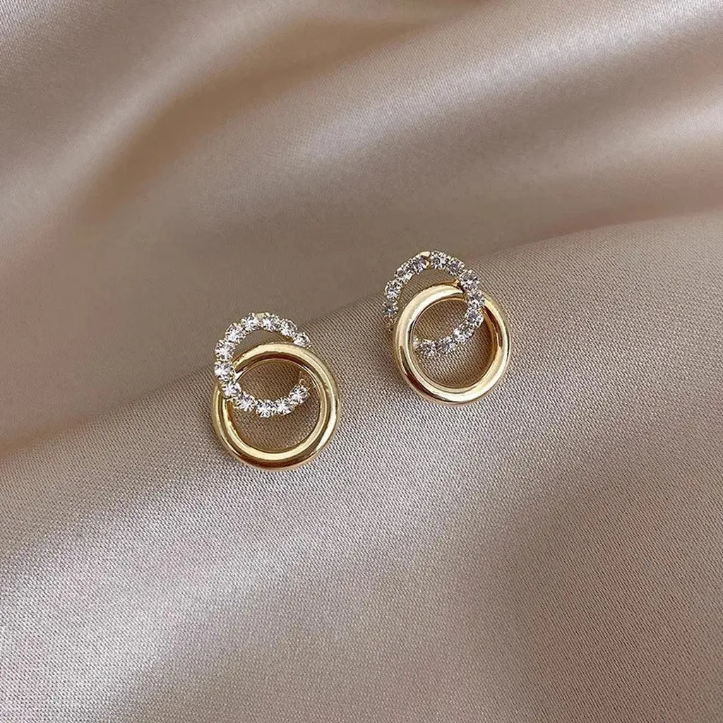 Golden Double Hoop Zirconia Stud Earrings