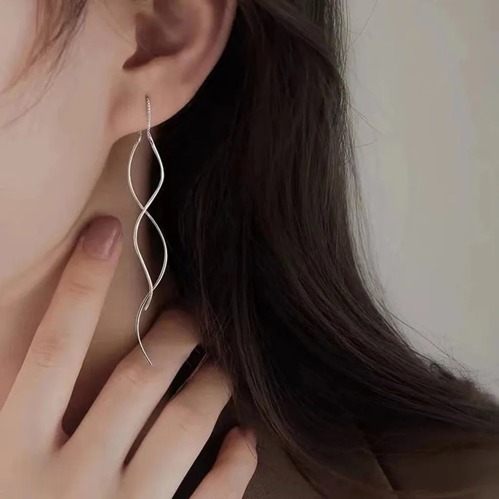 Long Delicate Sterling Silver Wave Earrings-My Store-ReesJewels