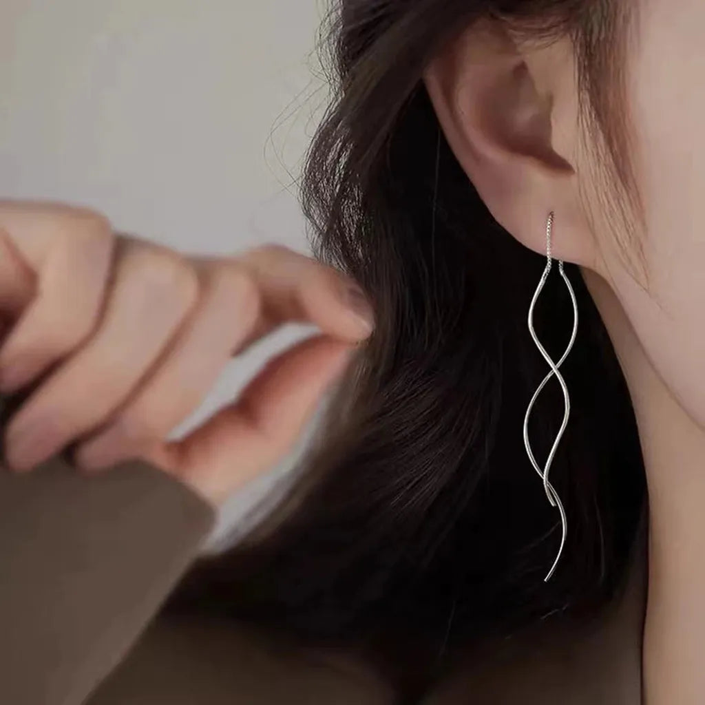 Long Delicate Sterling Silver Wave Earrings-My Store-ReesJewels