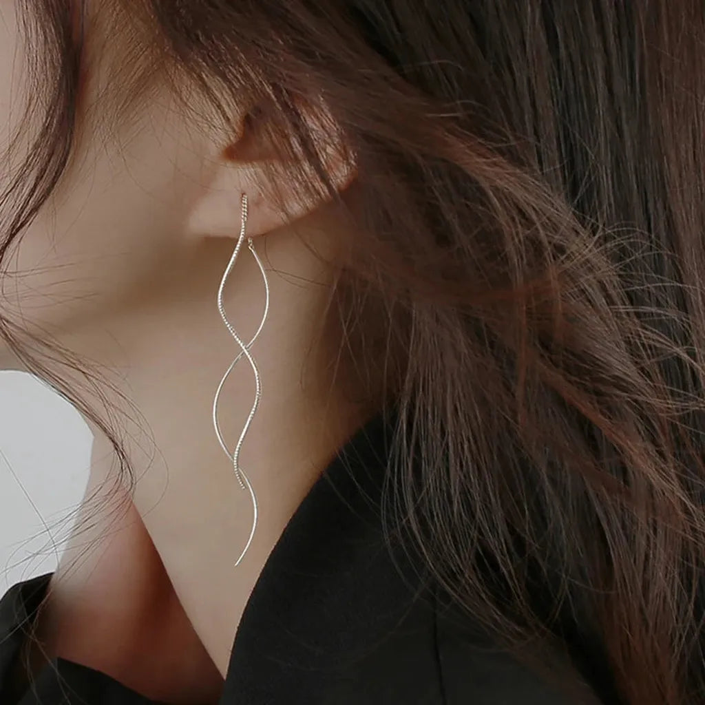 Long Delicate Sterling Silver Wave Earrings