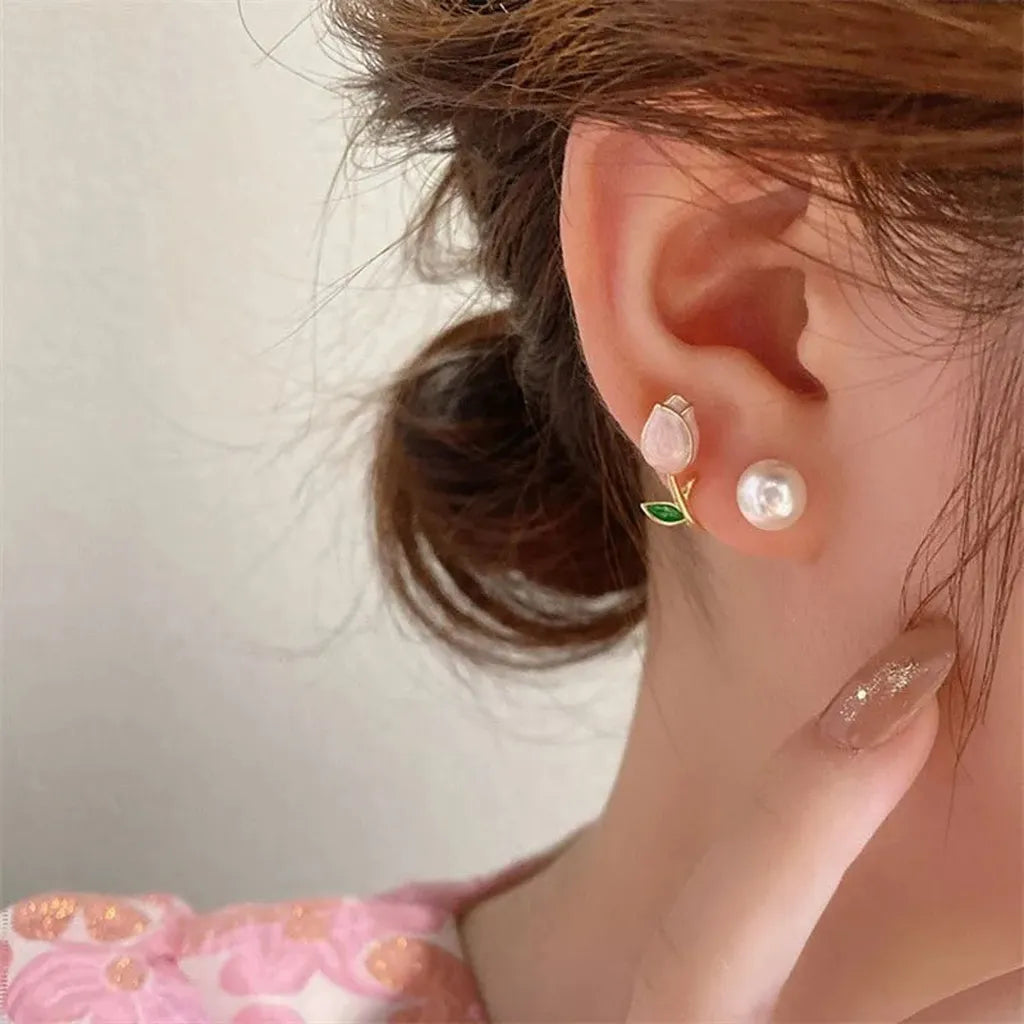 Luxurious French Tulip Imitation Pearl Stud Earrings